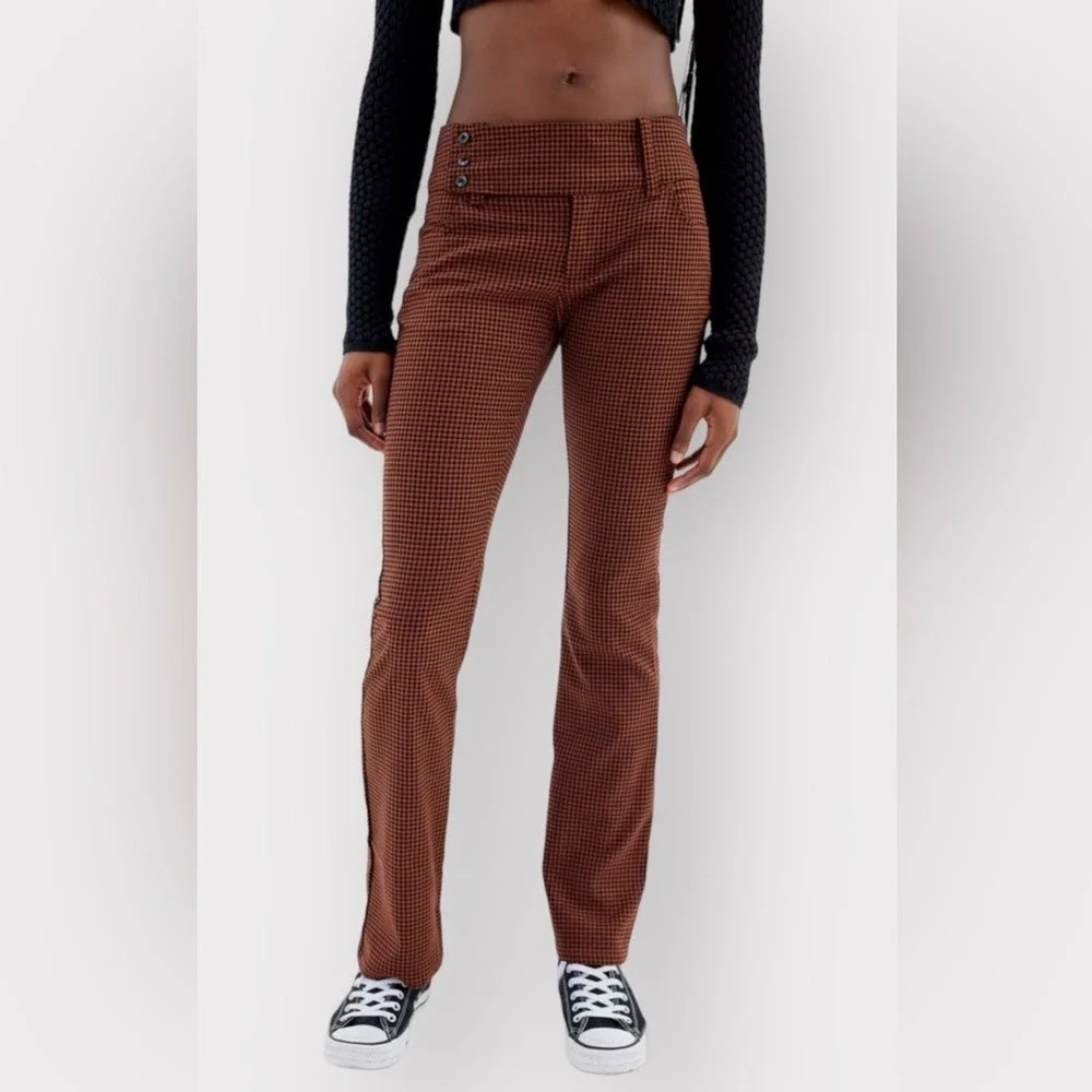 Urban Outfitters Pants Gingham Plaid Black Brown Flared Leg Size 2 Preppy Retro